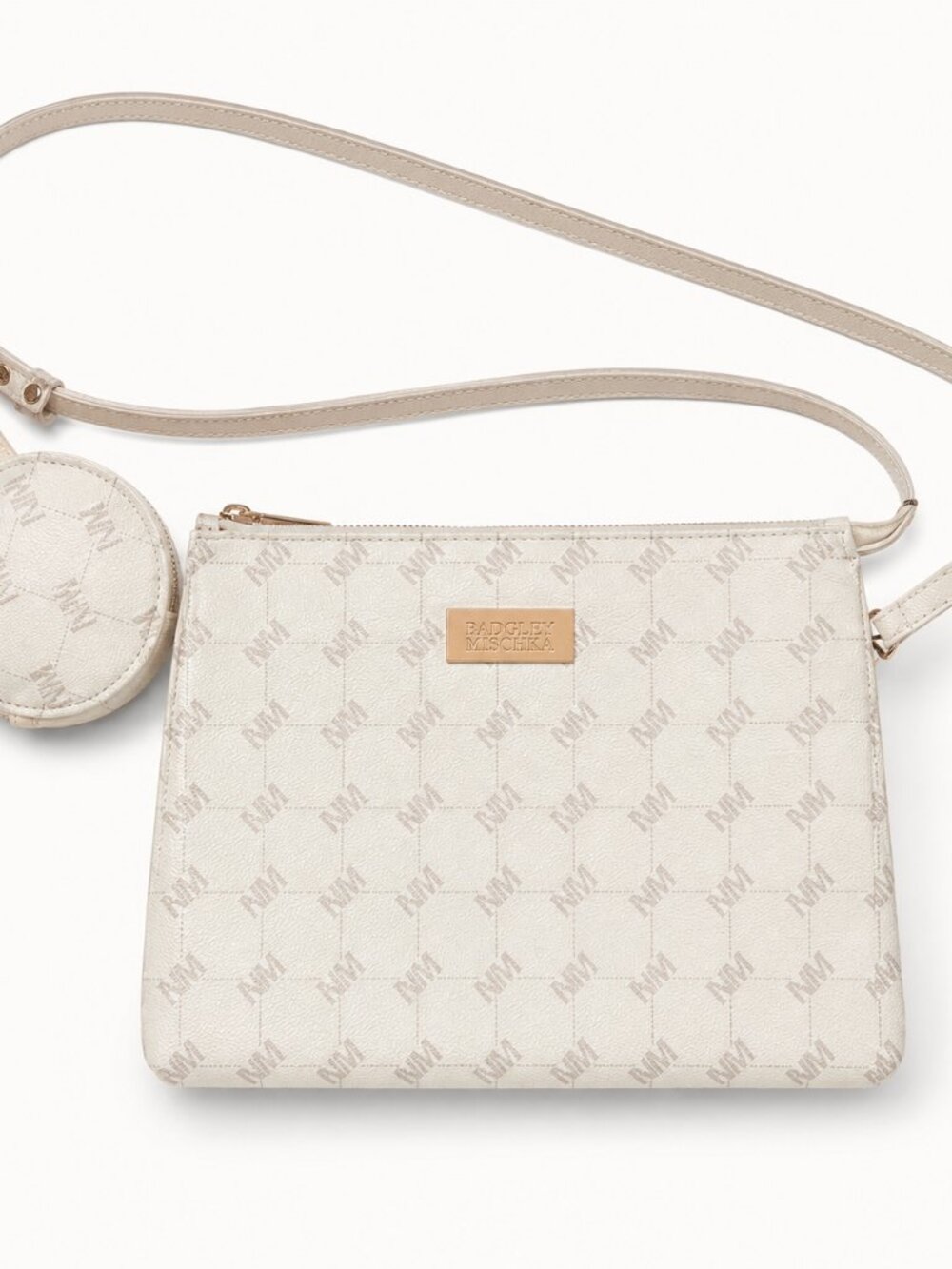 NWT Badgley Mischka Cream BM Monogram Crossbody Bag + Coin Pouch